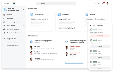 Screenshot van de tijd- en planningshub met een centraal overzicht voor managers van alle rooster- en timemanagementdata van werknemers, zowel op desktop als mobiele apparaten.