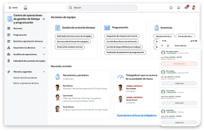 Captura de pantalla del hub de horarios y gestin del tiempo con una vista centralizada de todos los datos de horarios y gestin del tiempo de los empleados para mnagers, que se muestra en ordenadores de sobremesa y en dispositivos mviles.
