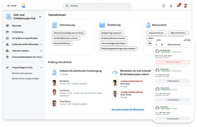 Screenshot des Zeit- und Zeitplanungs-Hubs mit einer zentralen Ansicht aller Personaleinsatzpl?ne und Zeitmanagementdaten fr Manager (Desktop- und Mobilger?teversion)