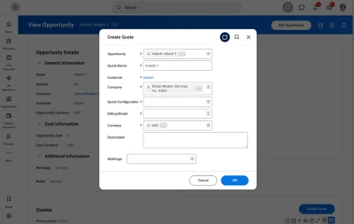 mini��ý Services CPQ: Create Quote input screen