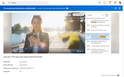 Captura de pantalla de una leccin de vdeo con la transcripcin de cada captulo en el lateral.