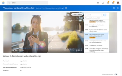 Schermata di una videolezione con la trascrizione di ciascun capitolo visualizzata a lato.