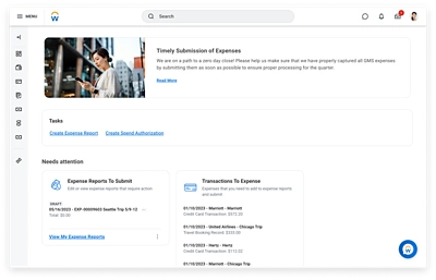 Screenshot del dashboard Hub spese con un elenco delle transazioni da aggiungere a una nota spese e delle note spese da inviare.