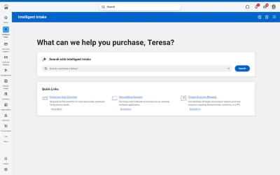 Intelligent intake dashboard where employees can search for purchasing help and access quick links for expenses, software requests, and sourcing requests.