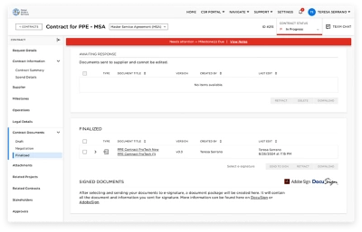 Screenshot of contract management dashboard displaying documentation for contract execution.