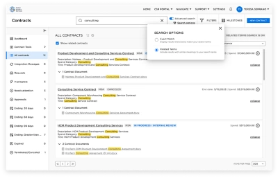 Screenshot of contract management dashboard displaying search capabilities