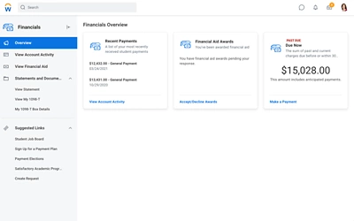 A student financial overview statement showing recent payments, financial aid, and dues.