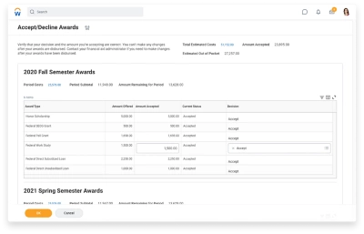 Screenshot of financial aid dashboard with awards verification.