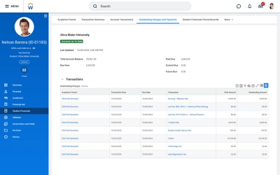 Student Finance Dashboard showing the Outstanding Charges and Payments section with student account balance and log of recent transactions.