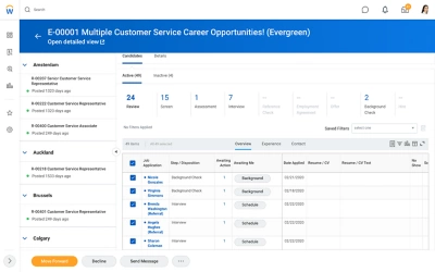 Recruiting workspace showing open requisitions and applicants.