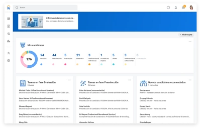 Hub de reclutamiento que muestra mis candidatos, las tareas de evaluacin, la pantalla de tareas y los nuevos candidatos con referencias.