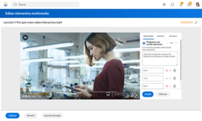 Captura de pantalla de una leccin de vdeo y preguntas tipo test interactivas.