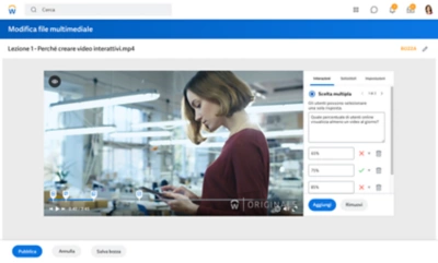 Schermata di una lezione video con domande interattive a scelta multipla sul lato.