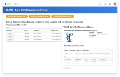 Tallahassee Community College 鶹ý Extend app screen shows a list of the instructors courses and interventions for a student