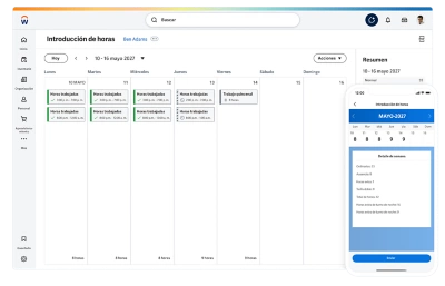 Captura de pantalla que muestra la funcionalidad de calendario de gesti��n de control de tiempos de los empleados con datos de resumen semanal, en un dispositivo m��vil y de escritorio.