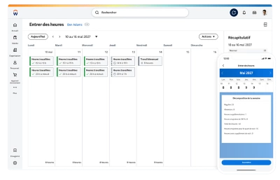 Capture d’écran affichant la fonction de calendrier de suivi des heures des employés avec des données récapitulatives hebdomadaires, présentée sur un appareil mobile et un ordinateur de bureau