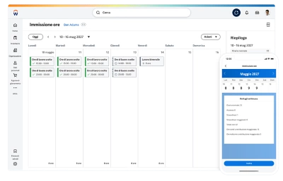 Schermata che mostra la funzionalit�� calendario per la rilevazione delle presenze e delle assenze dei collaboratori con dati di riepilogo settimanali, visualizzata su dispositivo mobile e desktop