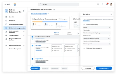 Screenshot of the Time and Scheduling hub displaying the edit and approve time screen for managers to take action on employee time cards, requests, and other alerts.