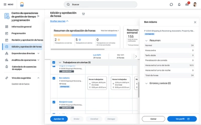 Captura de pantalla de hub de horas y planificacin de horarios con la pantalla de editar y aprobar tiempo para que los mnagers respondan a las fichas de control de horas de los empleados, las solicitudes y dems alertas.