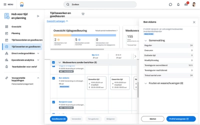 Screenshot van de tijd- en planningshub, waarop het scherm voor het bewerken en goedkeuren van uren wordt weergegeven, zodat managers actie kunnen ondernemen op tijdkaarten, aanvragen en andere meldingen van werknemers.