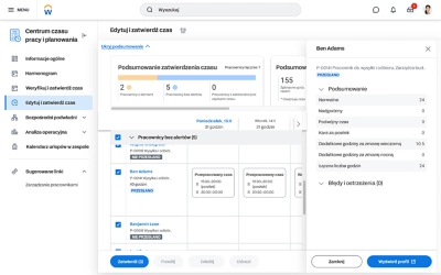 Zrzut ekranu centrum rejestracji czasu i?planowania przedstawiaj?cy ekran edycji i?zatwierdzania, ktry umo?liwia mened?erom reagowanie na alerty dotycz?ce kart pracy czy wnioskw pracownikw.