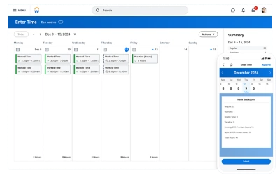 Captura de pantalla que muestra la funcionalidad de calendario de gestin de control de tiempos de los empleados con datos de resumen semanal, en un dispositivo mvil y de escritorio.