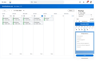 Schermata che mostra la funzionalit calendario per la rilevazione delle presenze e delle assenze dei collaboratori con dati di riepilogo settimanali, visualizzata su dispositivo mobile e desktop