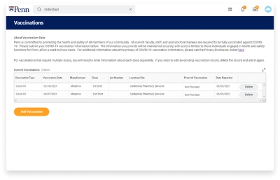 La pantalla de la aplicacin que la University of Pennsylvania cre con ݮƵ Extend muestra a los usuarios una lista de las vacunas actuales para a?adir a su registro de vacunacin