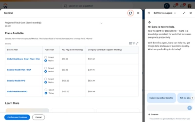 Screenshot of a medical benefits selection featuring a list of health plan options alongside the Benefits AI Agent.
