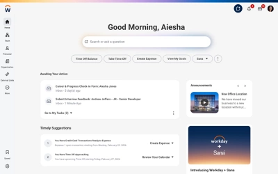 A screenshot of Workday’s home dashboard where employees can check time off, manage expenses, view goals, and access Sana directly from their workspace.
