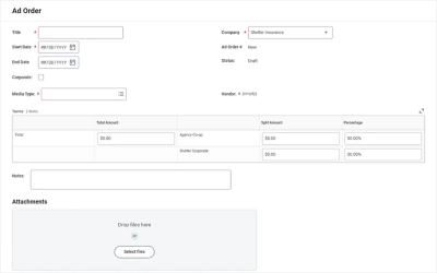 Screenshot of the Ad Order feature with fields for entering order details, cost splits, notes, and file attachments.