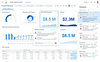 Captura de pantalla del tablero de mando de descripción general de planificación financiera que muestra tablas de datos y la funcionalidad de comentarios de colaboración.