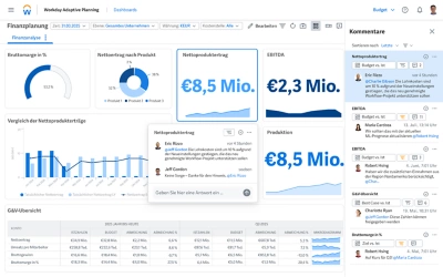 Screenshot des Dashboards der Finanzplanungsbersicht mit Datentabellen und der kollaborativen Kommentarfunktion.