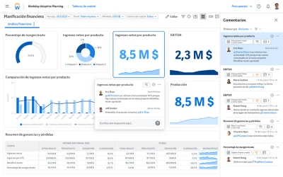 Captura de pantalla del tablero de mando de descripcin general de planificacin financiera que muestra tablas de datos y la funcionalidad de comentarios de colaboracin.