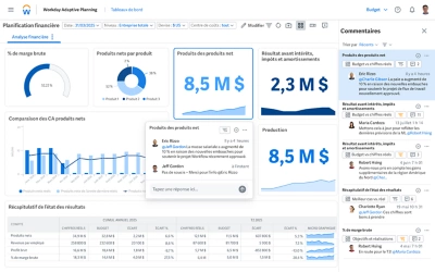 Capture dcran du tableau de bord daper?u de la planification financire montrant les tableaux de donnes et la fonction de commentaire en collaboration.