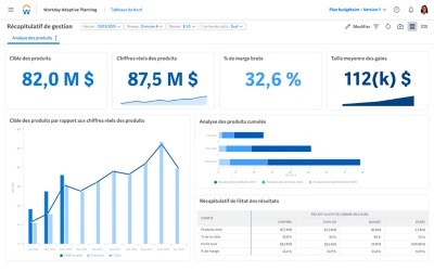 Capture dcran du tableau de bord de ݮƵ Adaptive Planning montrant un sommaire des donnes de performance de lanalyse des produits.