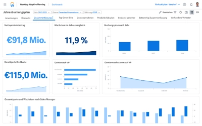 Dashboard fr Absatzgebietsplanung in ݮƵ Adaptive Planning mit Zahlenwerten und Diagrammen zur Gebietssegmentierung