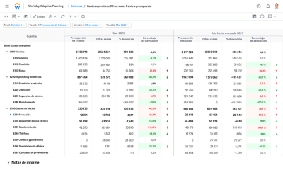 Captura de pantalla del tablero de mando de ݮƵ Adaptive Planning que muestra el anlisis de desviaciones financieras.