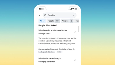 Screenshot of Workday’s mobile search experience displaying benefits-related questions and answers.