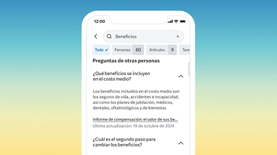 Captura de pantalla de un dispositivo móvil con sugerencias de Ask Workday para links rápidos relacionados con información sobre beneficios.