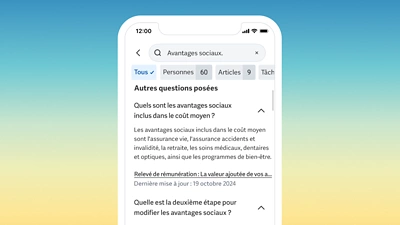 Capture d'��cran d'un appareil mobile affichant les suggestions d'Ask ��ݮ��Ƶ pour des liens rapides relatifs aux informations sur les avantages sociaux.