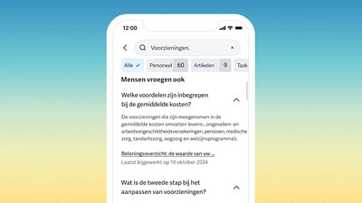 Screenshot van mobiel apparaat met Workday Assistant-suggesties voor snelle links naar informatie over Benefits.