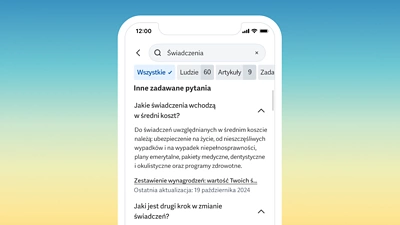 Zrzut ekranu urz?dzenia przeno?nego wy?wietlaj?cego sugestie mini��ý Assistant dotycz?ce szybkich link��w zwi?zanych z?informacjami o?korzy?ciach.