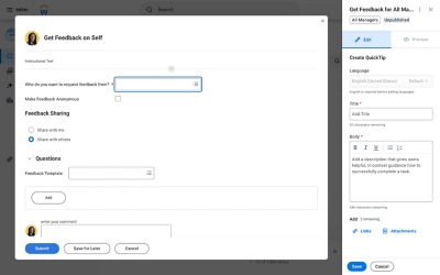 Screenshot der Workday Guidance-Hover-Karte mit Quicktipps während einer Feedback-Aufgabe