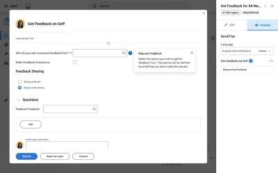 Screenshot che mostra la scheda con il suggerimento rapido di Workday Guidance durante l'attività di feedback.