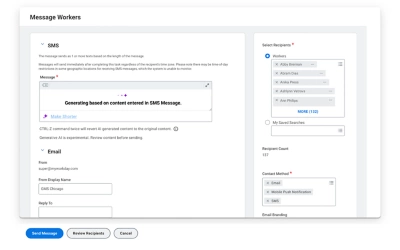 Workday messaging platform showing the send worker communications command screen with SMS and email message delivery channels.