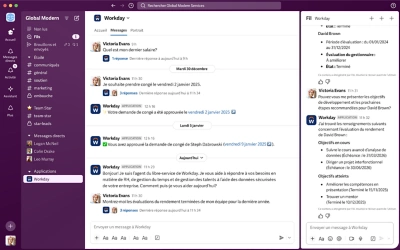 Capture d’écran présentant les employés dans l’agent du libre-service Sana de Workday (WSSA) pour Slack.