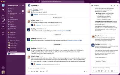 Capture d’écran présentant les congés dans l’agent du libre-service Sana de Workday (WSSA) pour Slack.
