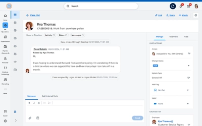 Screenshot of HR Answers dashboard showing a case conversation.
