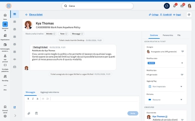 Screenshot del dashboard di HR Answers con una conversazione su una richiesta di assistenza.